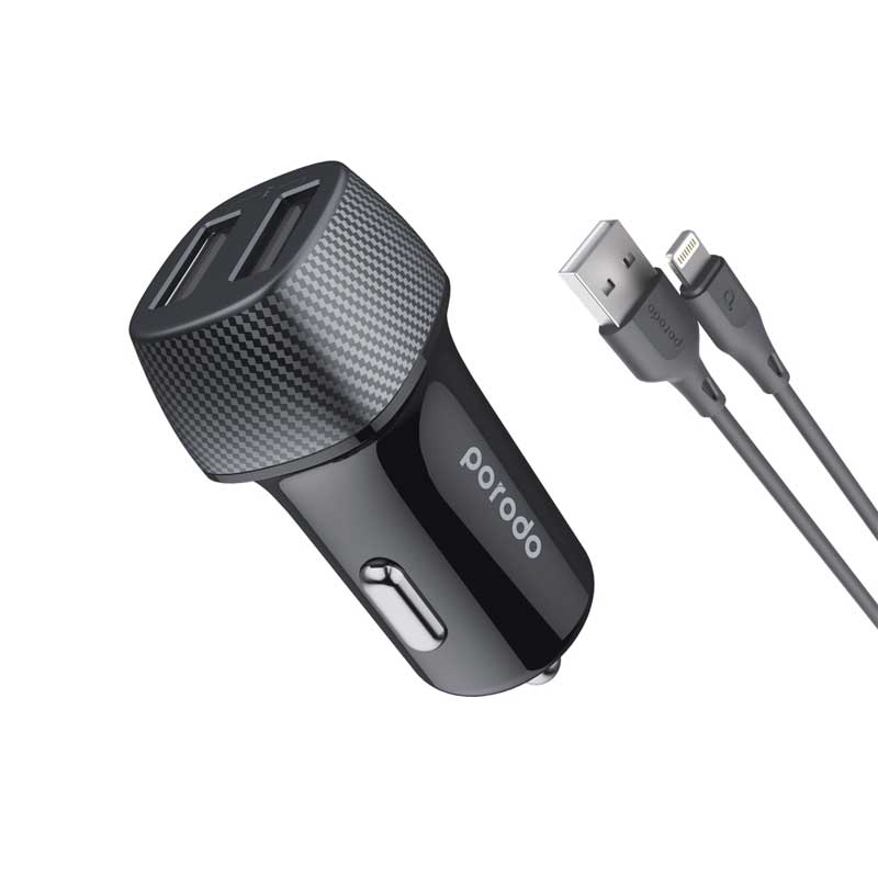 Porodo Dual Port Car Charger 3.4A with Lightning Cable 0.9M