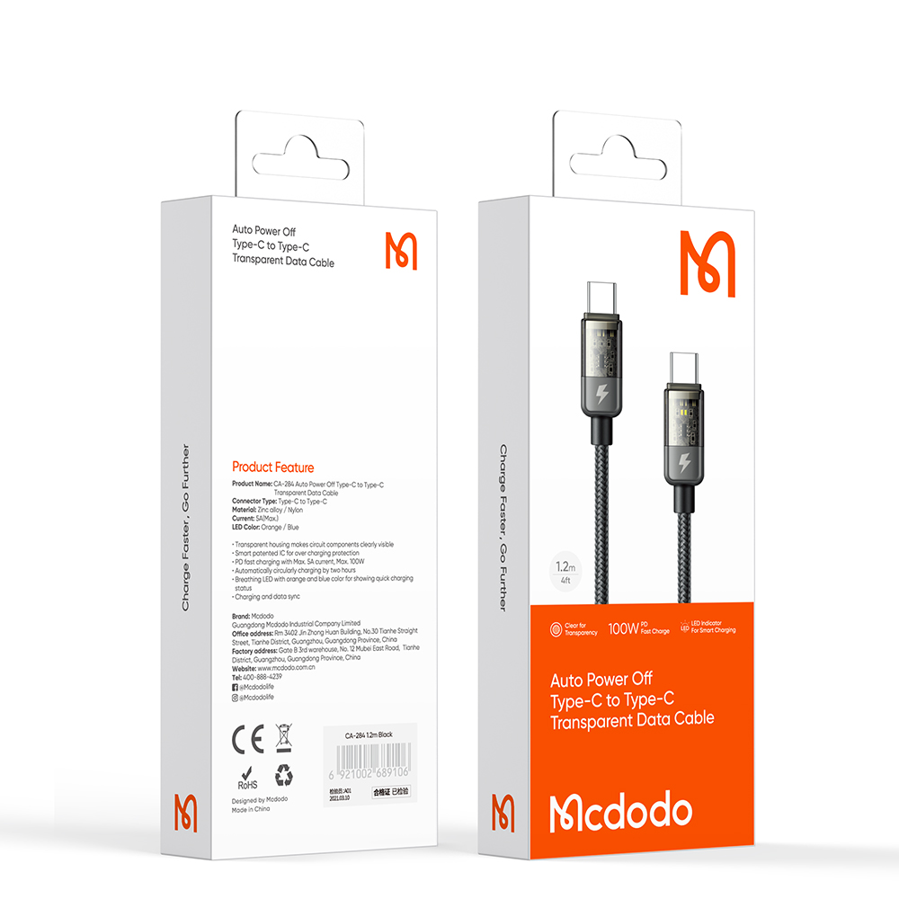 کابل سوپر فست شارژ و انتقال داده تایپ سی به تایپ سی 100 وات مک دودو Macdodo CA-284 Type-C to Type-C Cable